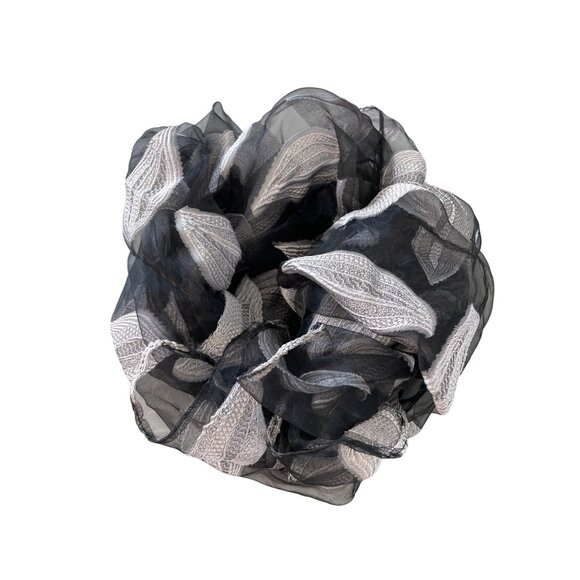 Embroidered Sheer Scarf Long Leaf Pattern Black White Wrap Lightweight Casual - Picture 1 of 6